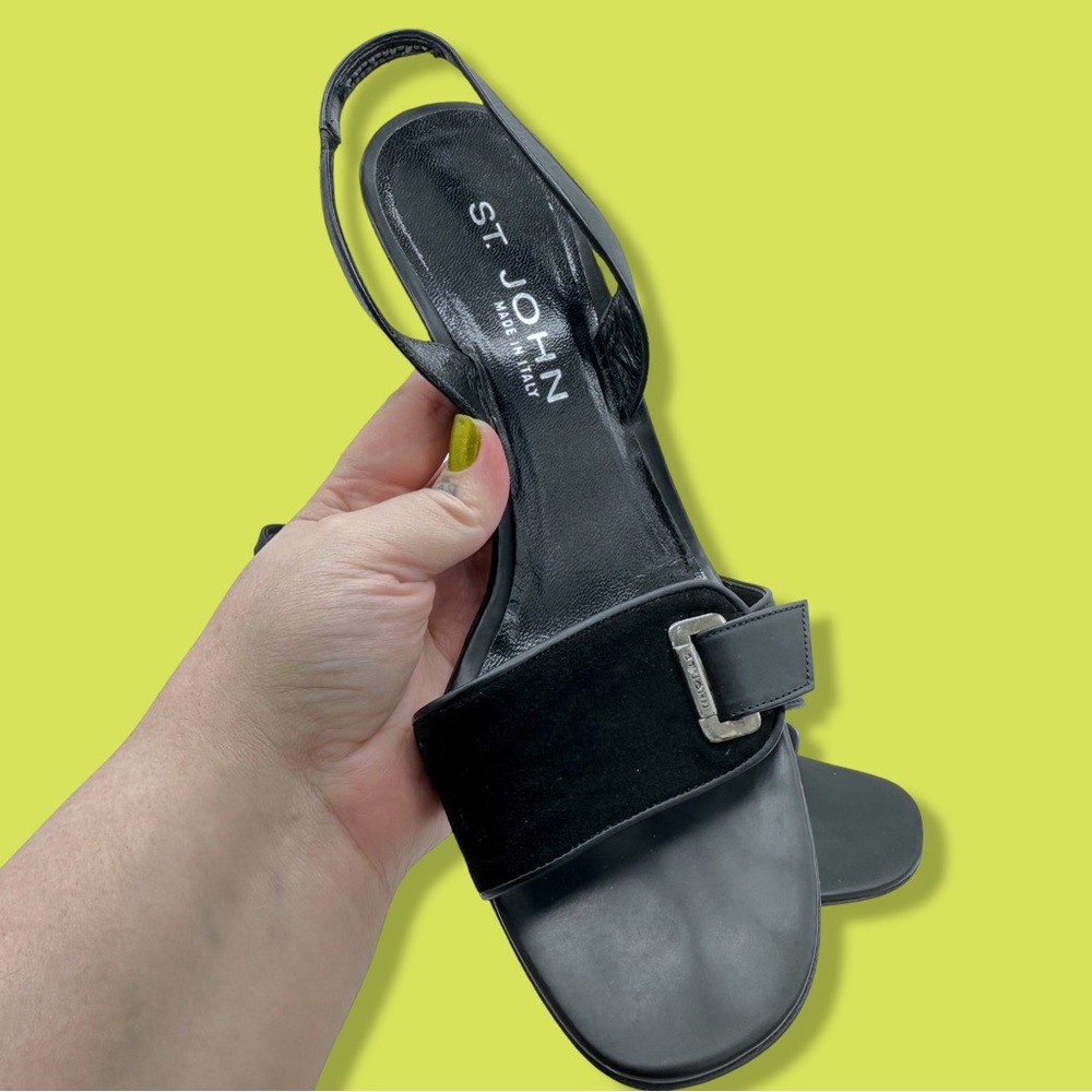 St. John Suede Buckle Leather Sling Back Open Toe Chunky Sandals Black Preppy